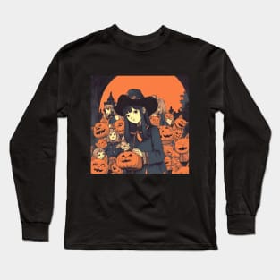 Halloween Girl in hat with Pumpkin Long Sleeve T-Shirt